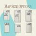 Map size options include 8 by 10, 8 by 12, 9 by 12, 10 by 14, 11 by 14, 12 by 12, 12 by 15, 12 by 16, and 12 by 18 inches